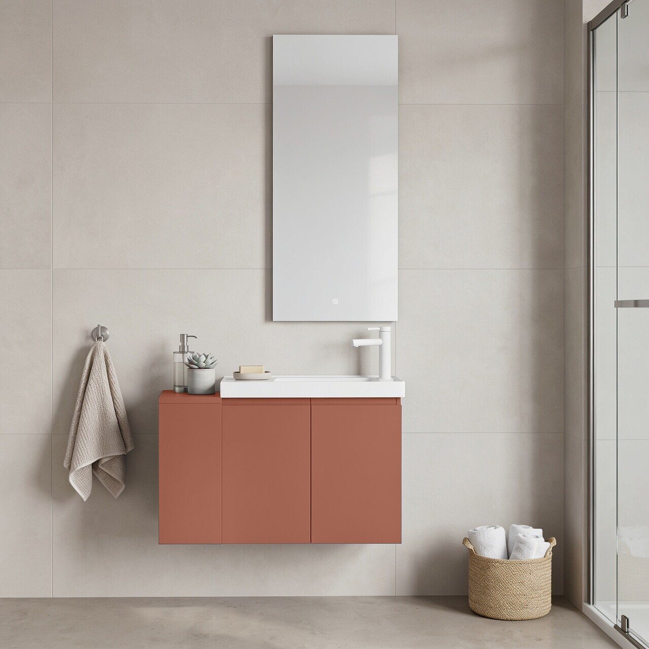 Set Dulap de Baie cu Chiuvetă și Oglindă (2 Piese), Hanah Home, Ferla 80, Scorțișoară mată