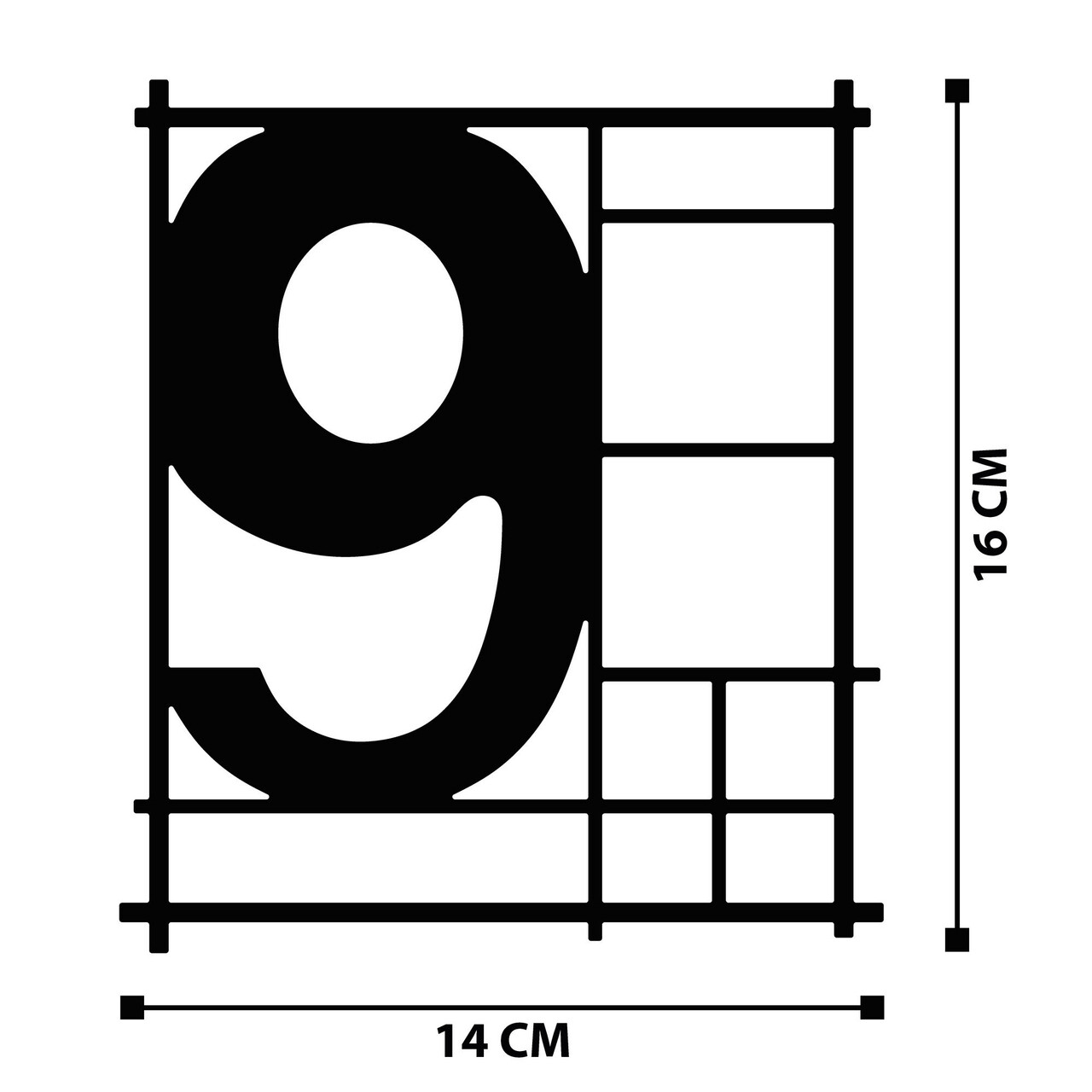 Numar casa pentru poarta/usa Nine, metal, 14 x 16 cm, negru, cifra 9