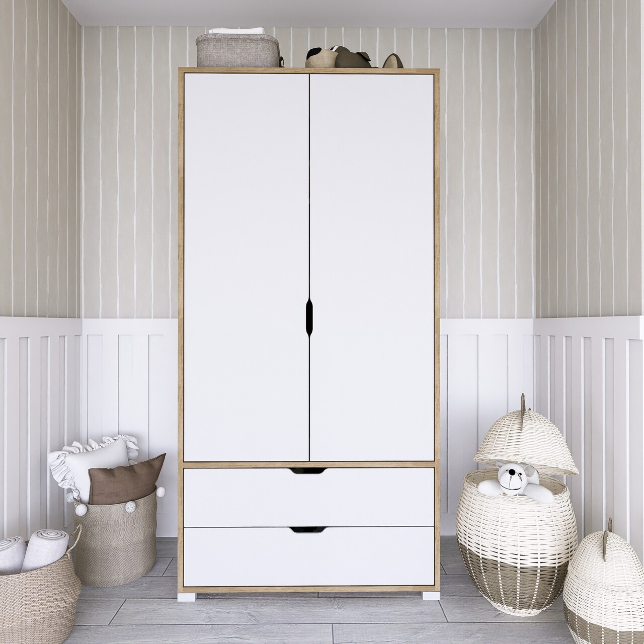 Dulap pentru haine, Miwood, 90 Cm 1600-015, Nuc deschis / Alb