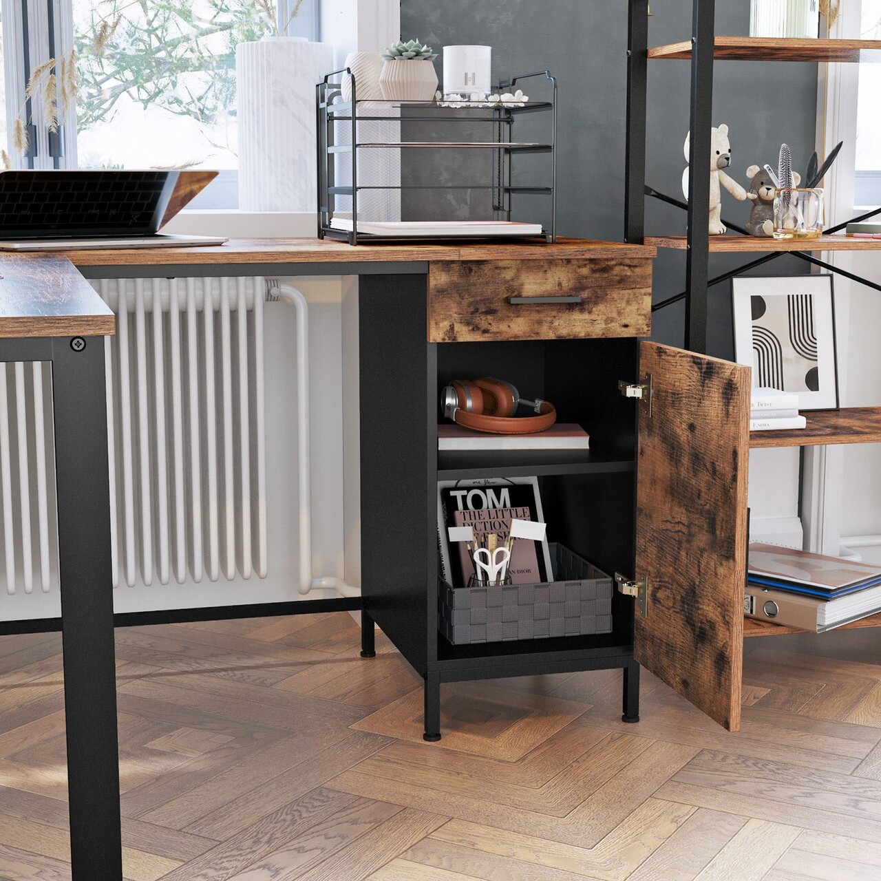 Birou in forma de L / birou de colt, Vasagle, Industrial, cu sertare, 137x150x75 cm, PAL/otel, maro