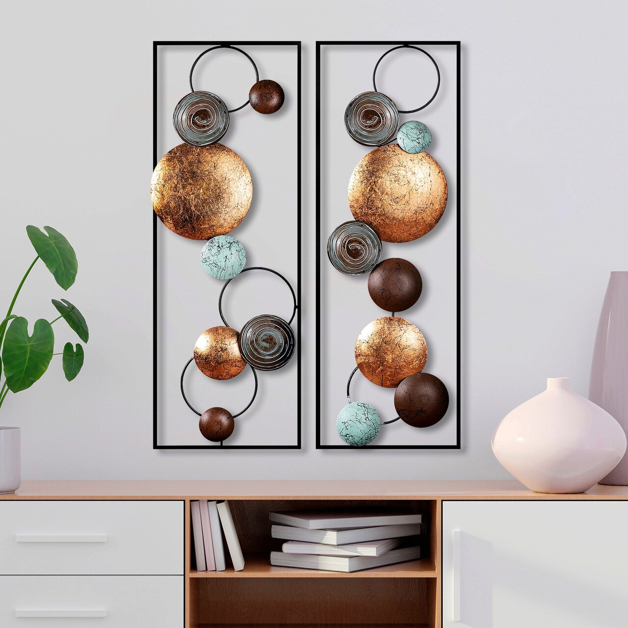Decoratiune de perete, Textured, Metal, Latime: 32 cm / Inaltime: 92 cm / Adancime: 4 cm (2 bucati), Multicolor