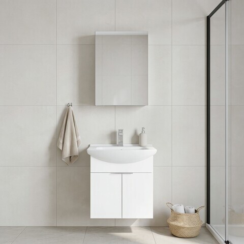 Set Dulap de Baie cu Chiuvetă și Oglindă (2 Piese), Hanah Home, Purus 55, Alb