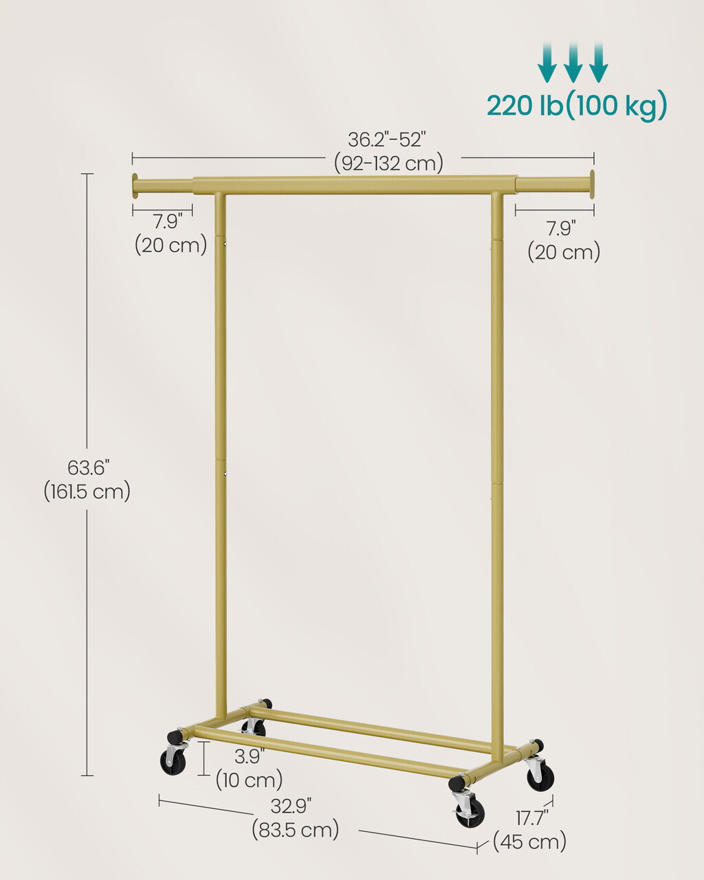 Suport pentru umerase, Songmics, extensibil, cu roti, 92-132x45x161.5 cm, otel, auriu pal - imagine 4