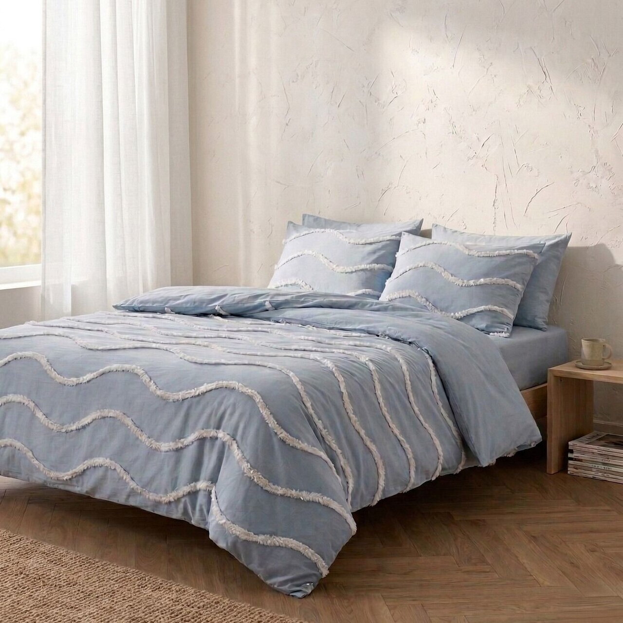 Lenjerie de pat King Size, Delia, Homla, 200x220 cm, 3 piese, bumbac, albastru/alb - view 3