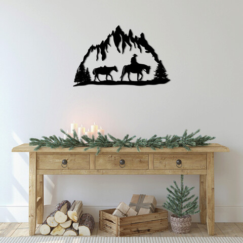 Decoratiune de perete, cowboy, metal, dimensiune: 70 x 44 cm, negru