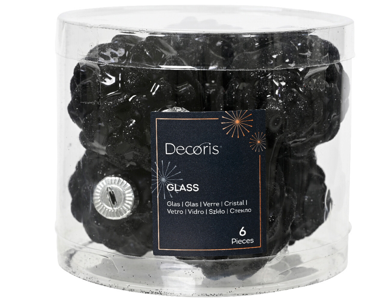 Cutie cu 6 globuri asortate Pinecone, Decoris, 5x7 cm, sticla, negru
