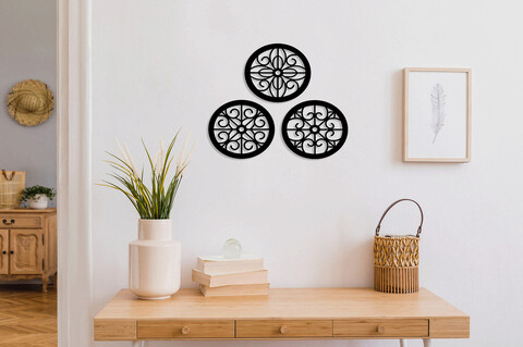 Decoratiune de perete, Rustic Circles, Metal, 30 x 30 cm, 3 piese, Negru Ledena
