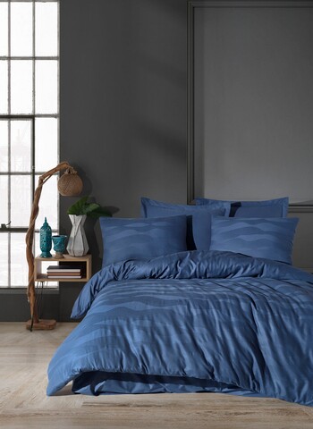 Lenjerie de pat dubla, 6 piese, 200×220 cm, 100% bumbac, Saheser, Greta, albastru inchis 100
