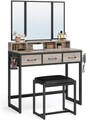 Masa de toaleta cu taburet / Masuta dressing, Vasagle, Industrial, 90x40x141 cm, PAL/otel/piele ecologica, gri