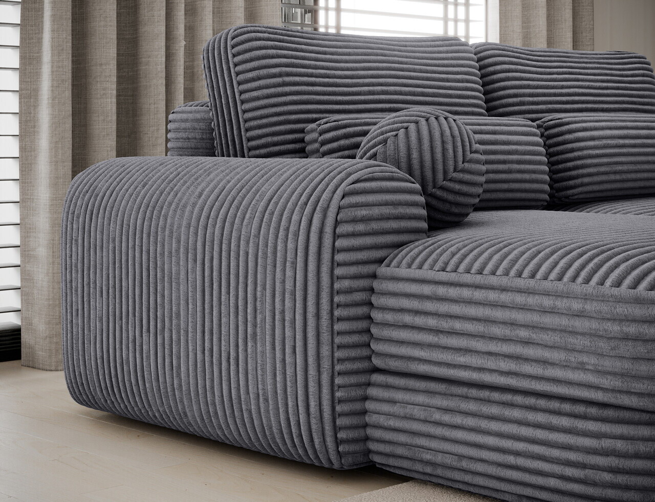Coltar extensibil stanga 3 locuri ELTAP, Ripeli, 217x175x96 cm, lemn/catifea din poliester, gri inchis — imaginea 9
