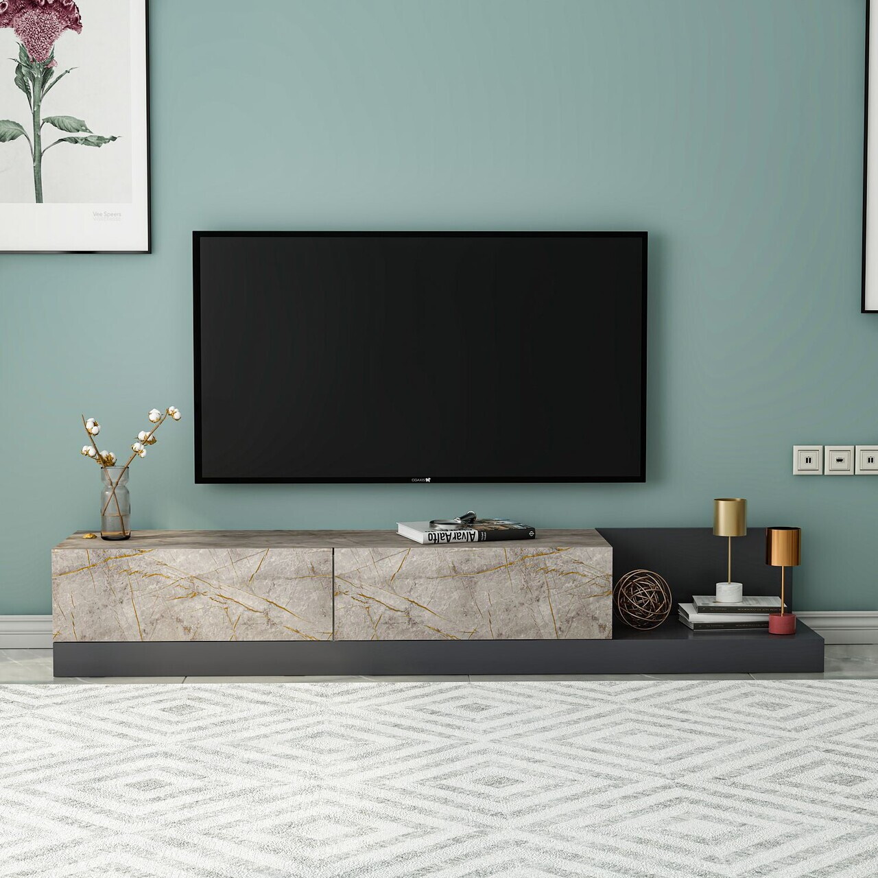 Comoda TV, Hanah Home, Major, 180x30x37 cm, PAL, Marmură Gordion / Antracit — imaginea 2