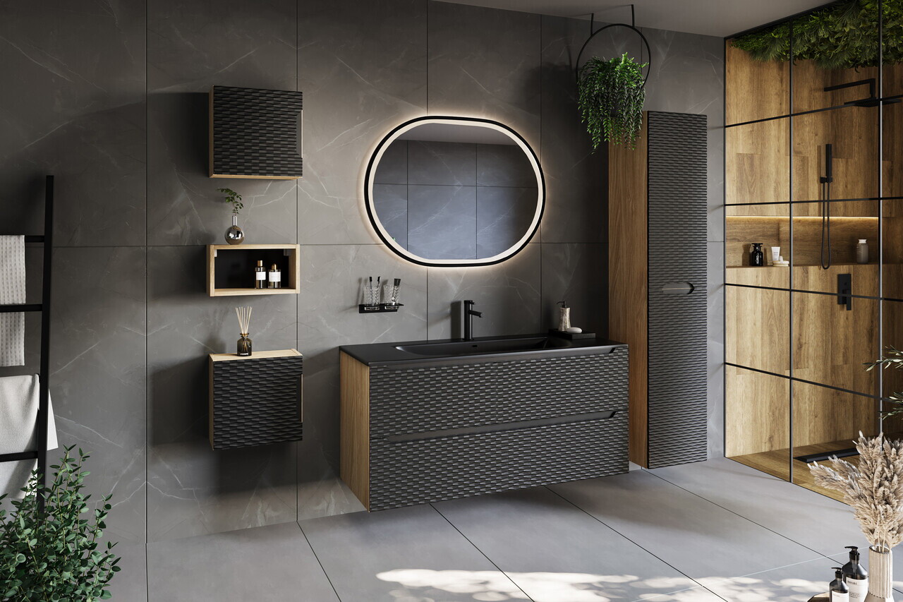 Dulap inalt cu usi, cu fixare pe perete, Ocean Black, Comad, 35x33x170 cm, MDF/PAL laminat, negru mat/stejar — imaginea 5