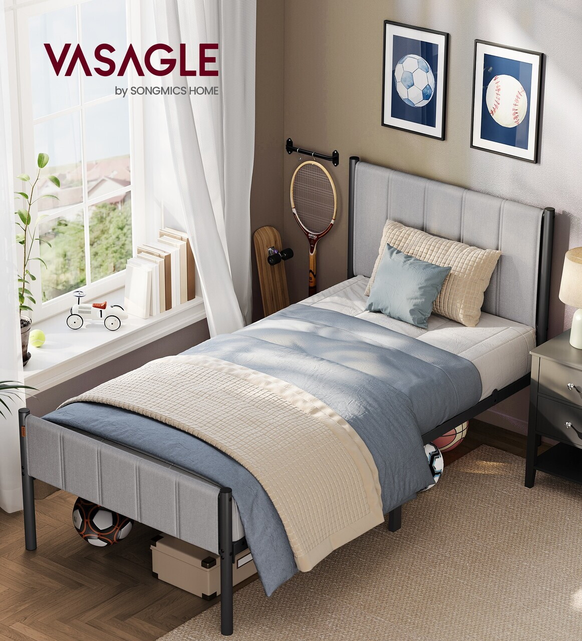 Cadru de pat Vasagle, 90x200 cm, max 250 kg, otel/poliester, gri deschis