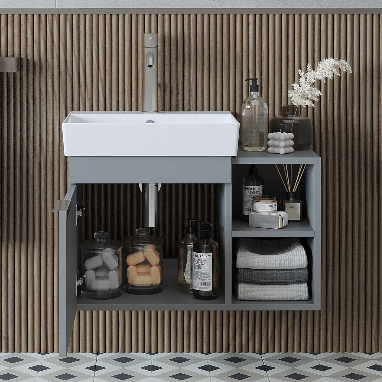 Dulap de baie cu chiuvetă, Hanah Home, Likya 72, 72x54x38.6 cm, PAL, Gri deschis — imaginea 4