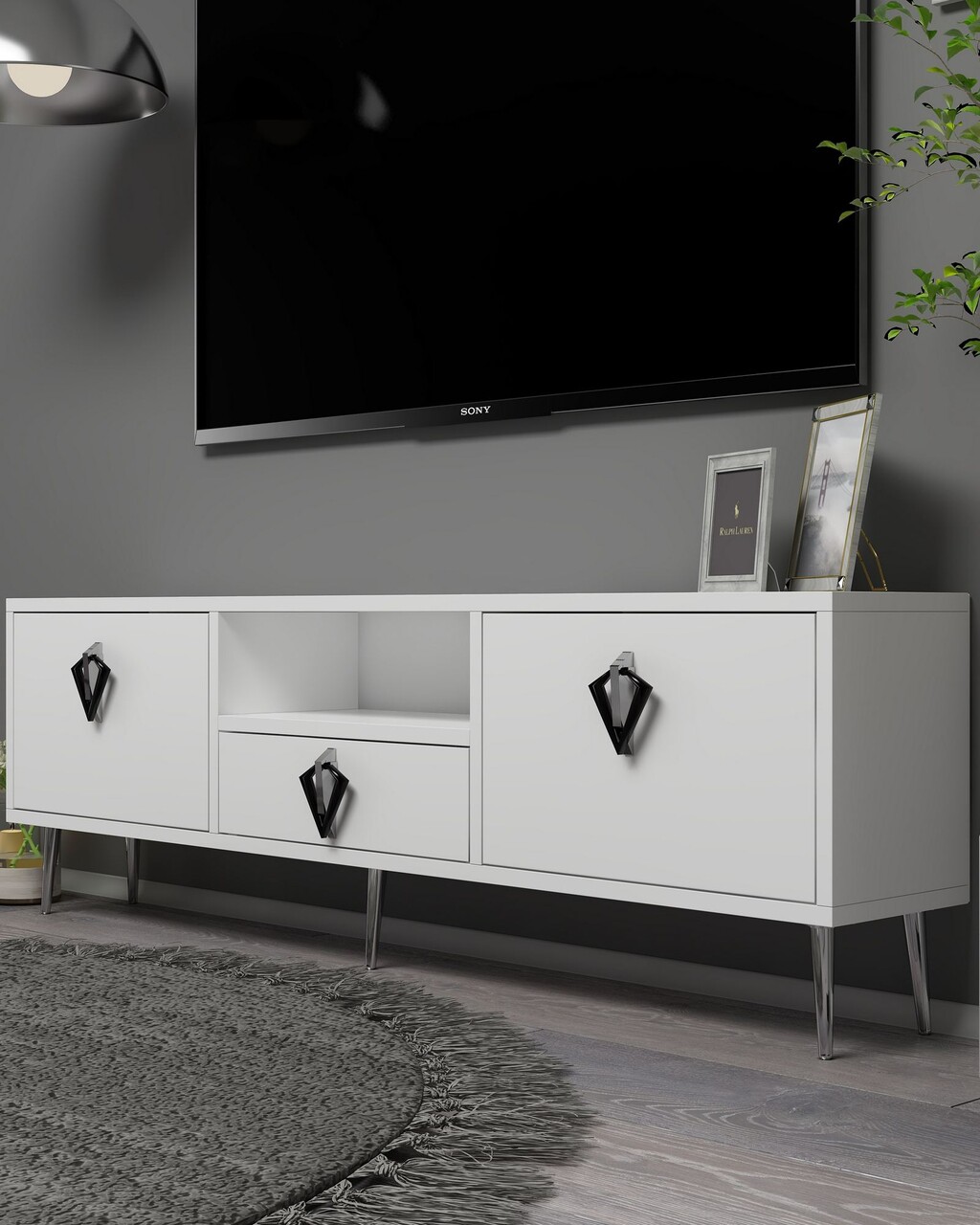 Comoda TV, Hanah Home, 1312-DROP-32, 140x45x30 cm, PAL , White / Black / Silver - view 2