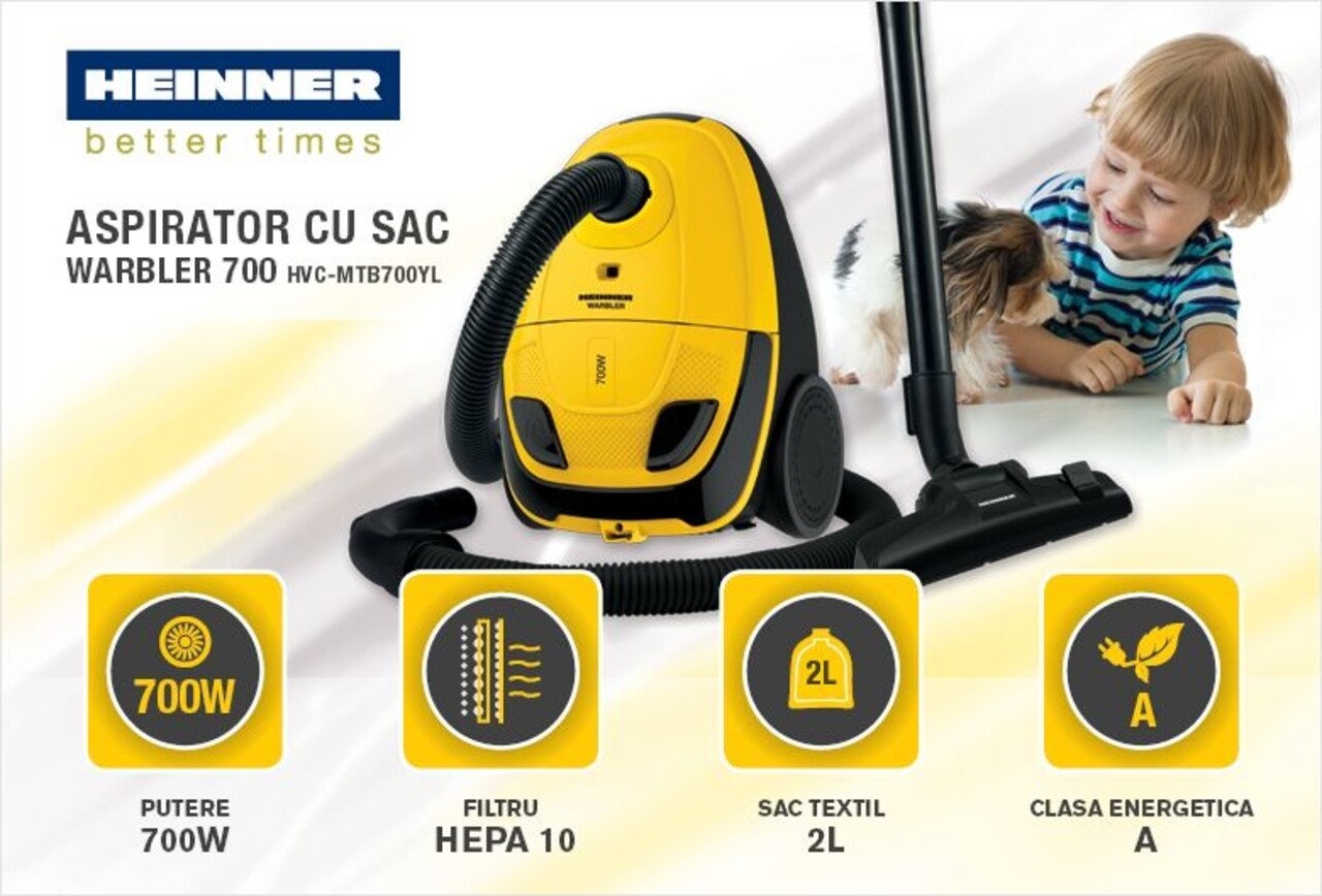 Aspirator Cu Sac Heinner, 700 W, Galben