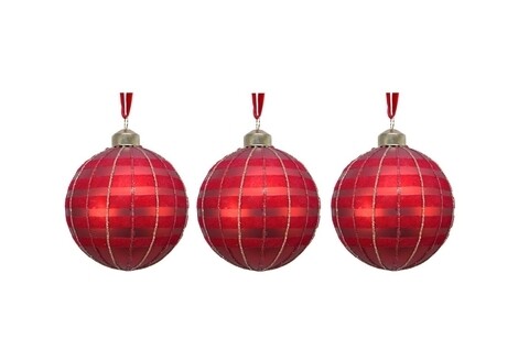 Set 3 globuri Checkered, Decoris, Ø8 cm, sticla, rosu