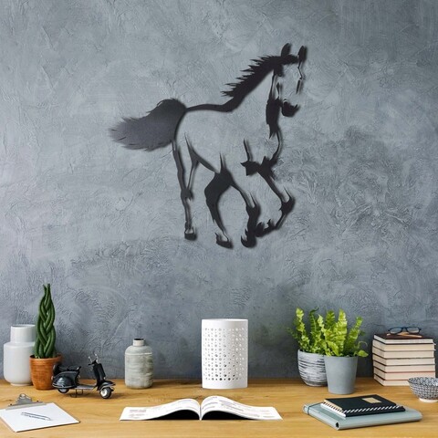 Decoratiune de perete, horse, metal, dimensiune: 49 x 50 cm, negru