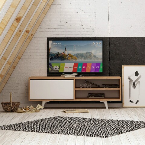 Comoda tv, mod design, maku, 120x47x35 cm, stejar / alb