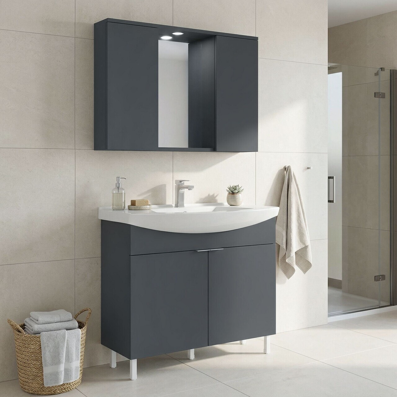 Set Dulap de Baie cu Chiuvetă și Oglindă (2 Piese), Hanah Home, Purus 100, Antracit mat