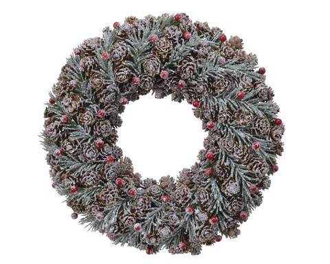 Coronita decorativa Pinecone berries, Decoris, 30.5x8 cm, verde/rosu