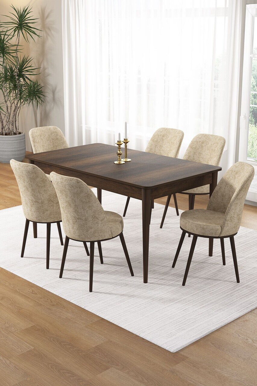 Set masa si scaune (7 piese), Hanah Home, Pir, Model baroc din lemn / Crem
