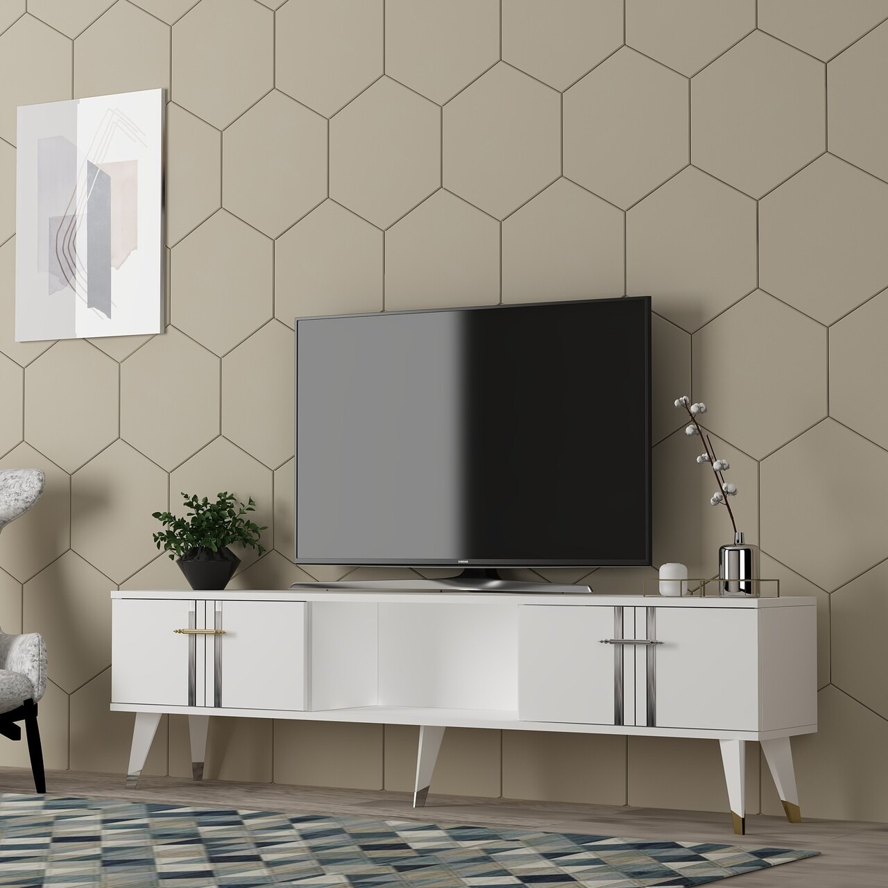 Comoda TV, Olivia, Asel, 150x44.6x29.6 cm, PAL , Alb / Argintiu - 1 | YEO