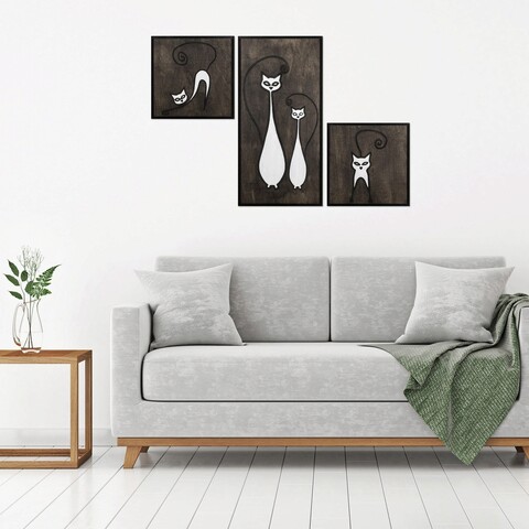 Decoratiune de perete, Cat Family Set, Placaj, 30 x 30 cm, 2 piese, Alb negru mezoni.ro
