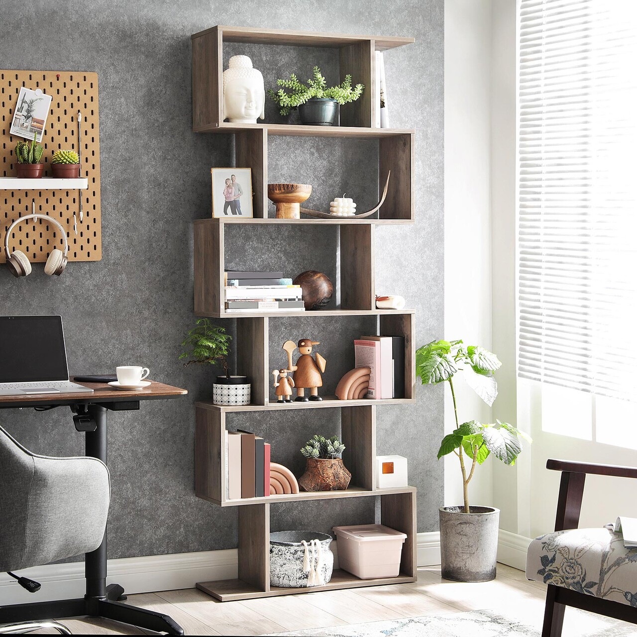 Biblioteca cu 6 rafturi, Vasagle, Cube Display, 70x24x190.5 cm, PAL, gri