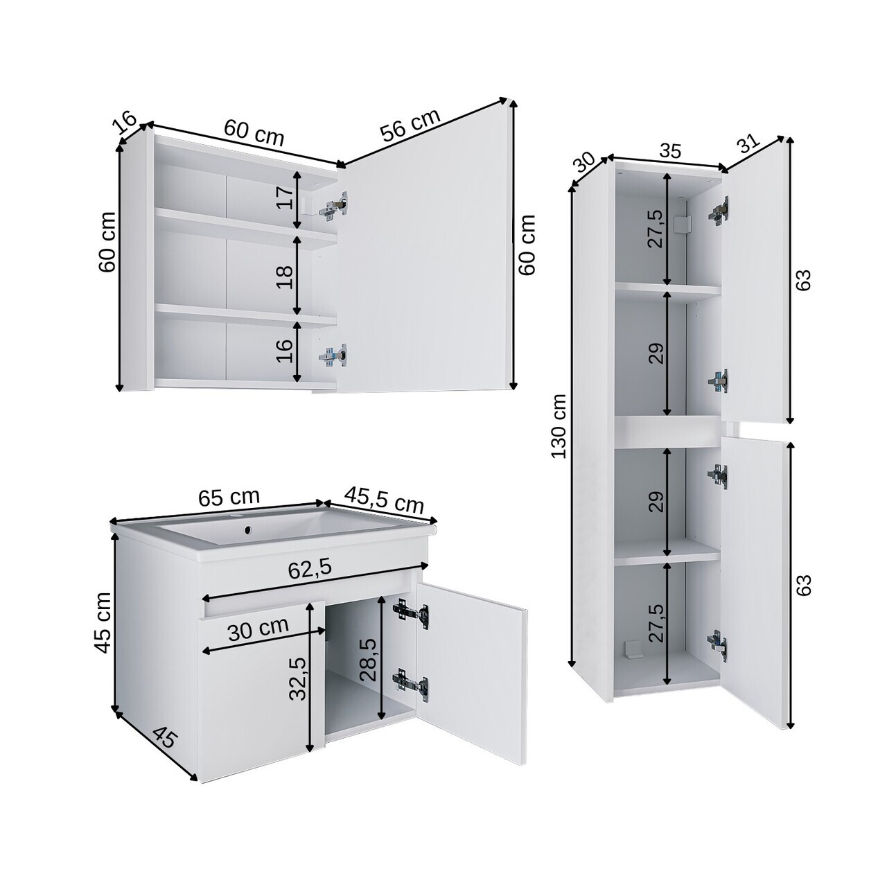 Set Dulap de Baie cu Chiuvetă și Oglindă (3 Piese), Hanah Home, 1323, MDF-LAM, Alb mat — imaginea 7