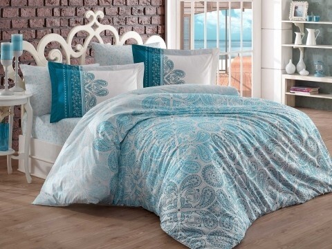 Lenjerie de pat dubla, 4 piese, 100% bumbac poplin, Hobby, Irene, turcoaz