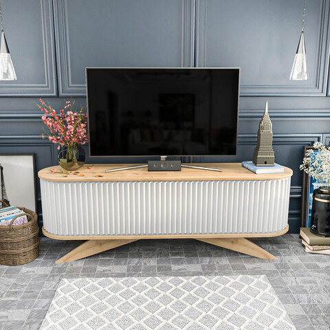 Comoda TV, Retricy, Stor, 180x43x60 cm, PAL, Safir / Alb mezoni.ro