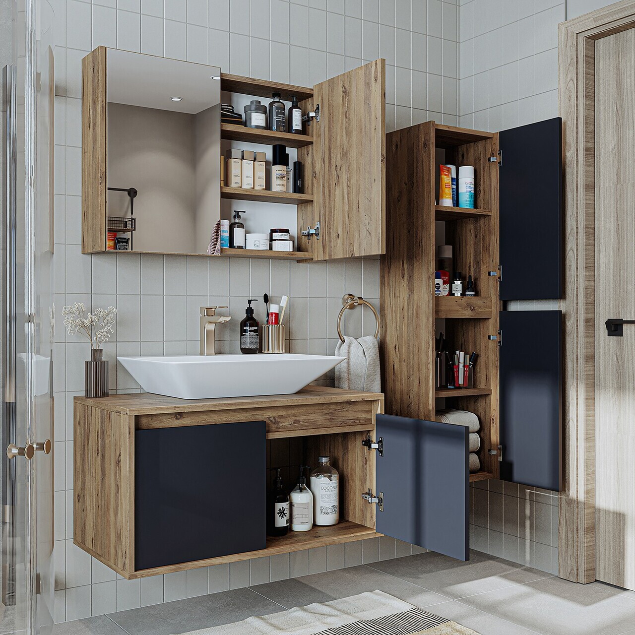 Set Dulap de Baie cu Chiuvetă și Oglindă (3 Piese), Hanah Home, 1701, MDF-LAM, Pin Atlantic / Antracit — imaginea 3