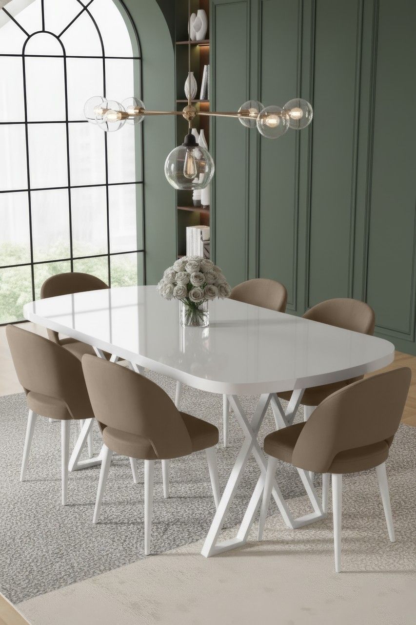 Set masa si scaune (7 piese), Hanah Home, Arvon, Alb / Cappuccino