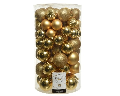 Cutie cu 100 globuri asortate Mix, Decoris, plastic, auriu