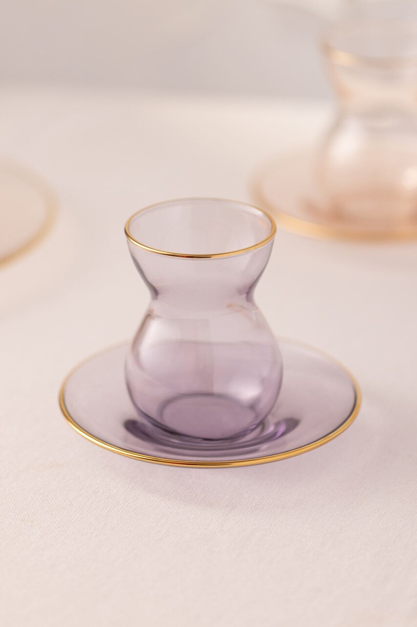 Set pahare pentru ceai, Hermia, 127RKL1205, Farfurie: 12 x 12 x 1,7 cm (6 bucăți), Mov / Somon / Albastru - imagine 2