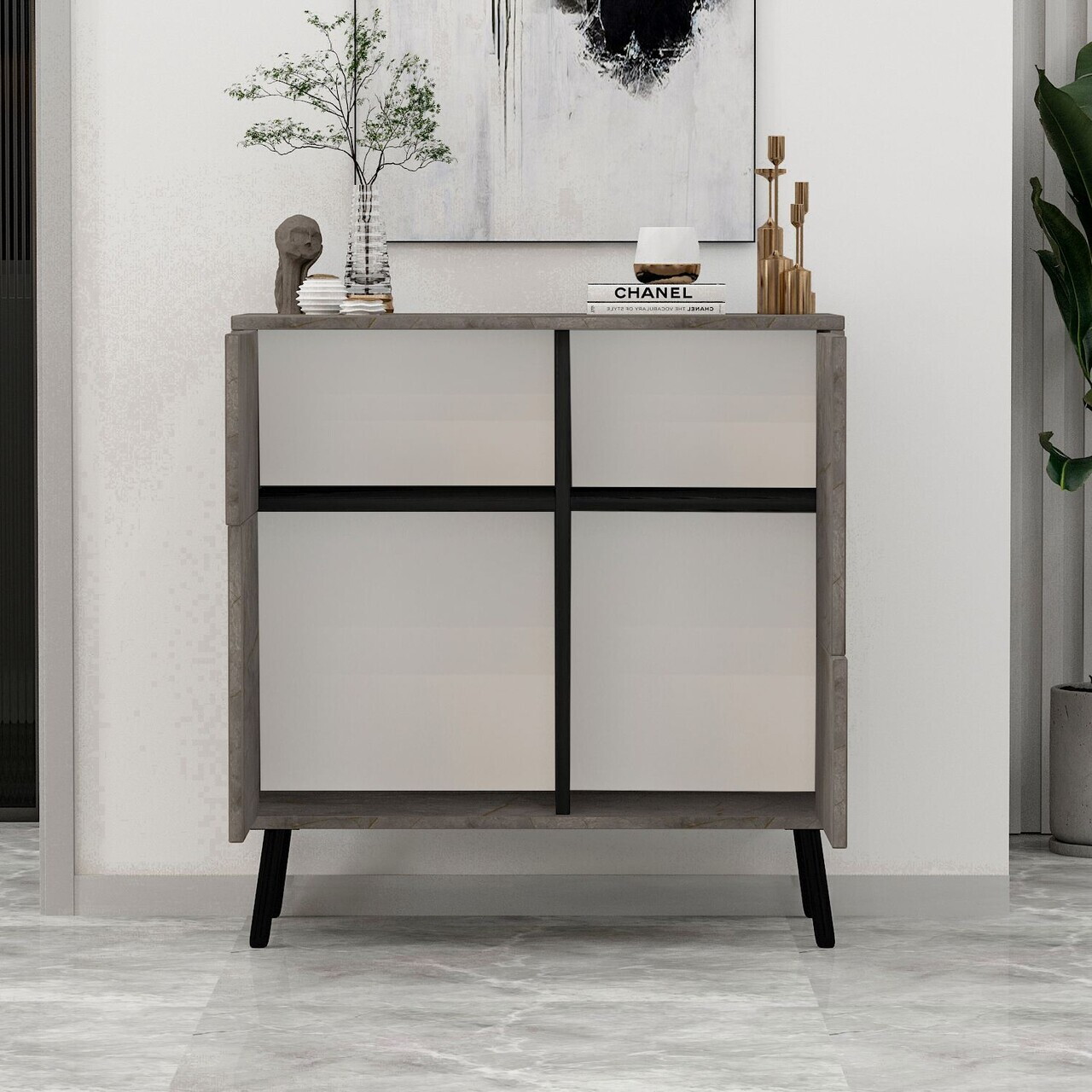Dulap multifunctional, Hanah Home, Darien, 76.5x79.5x35 cm, PAL, Marmură / Lemn negru — imaginea 4