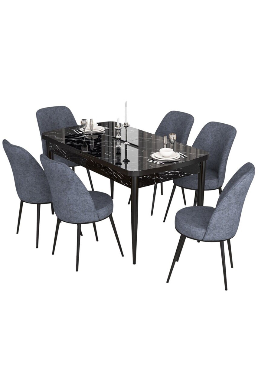Set masa extensibila si scaune (7 piese), Hanah Home, Kor, Model de marmură neagră / Afumat — imaginea 2