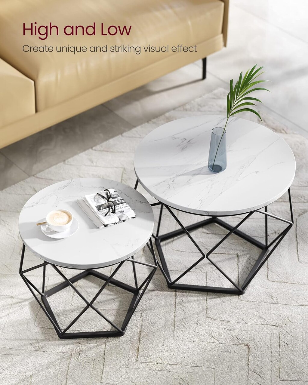 Set 2 masute de cafea Modern, Vasagle, blat detasabil, 60x45 cm, max 30 kg, otel/PAL, alb/negru - 1 | YEO