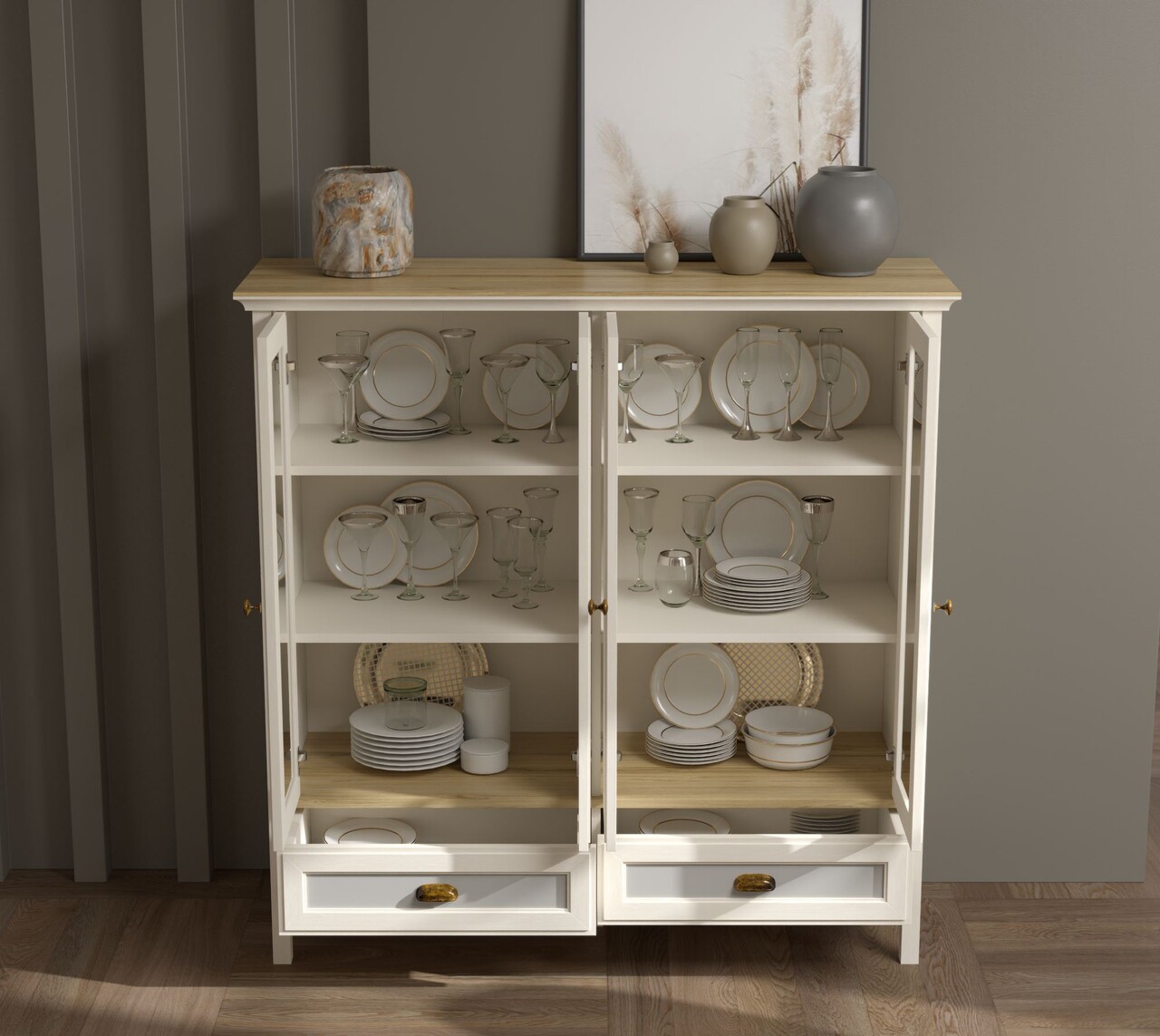 Dulap multifunctional, Hanah Home, FRN-21029, 136x136.8x46.1 cm, PAL, Crem / Stejar / Gri - view 3