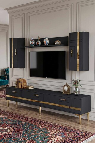 Comoda TV, Hanah Home, Ilay, 180x41x30 cm, Antracit / Aur