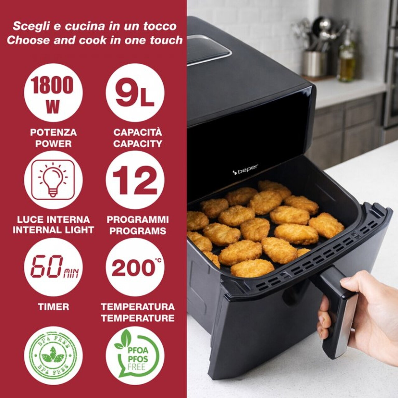 Friteuza digitala cu aer cald Mirabella, Beper, 1800W, 9L, 37x30x32 cm, 12 programe, negru — imaginea 6