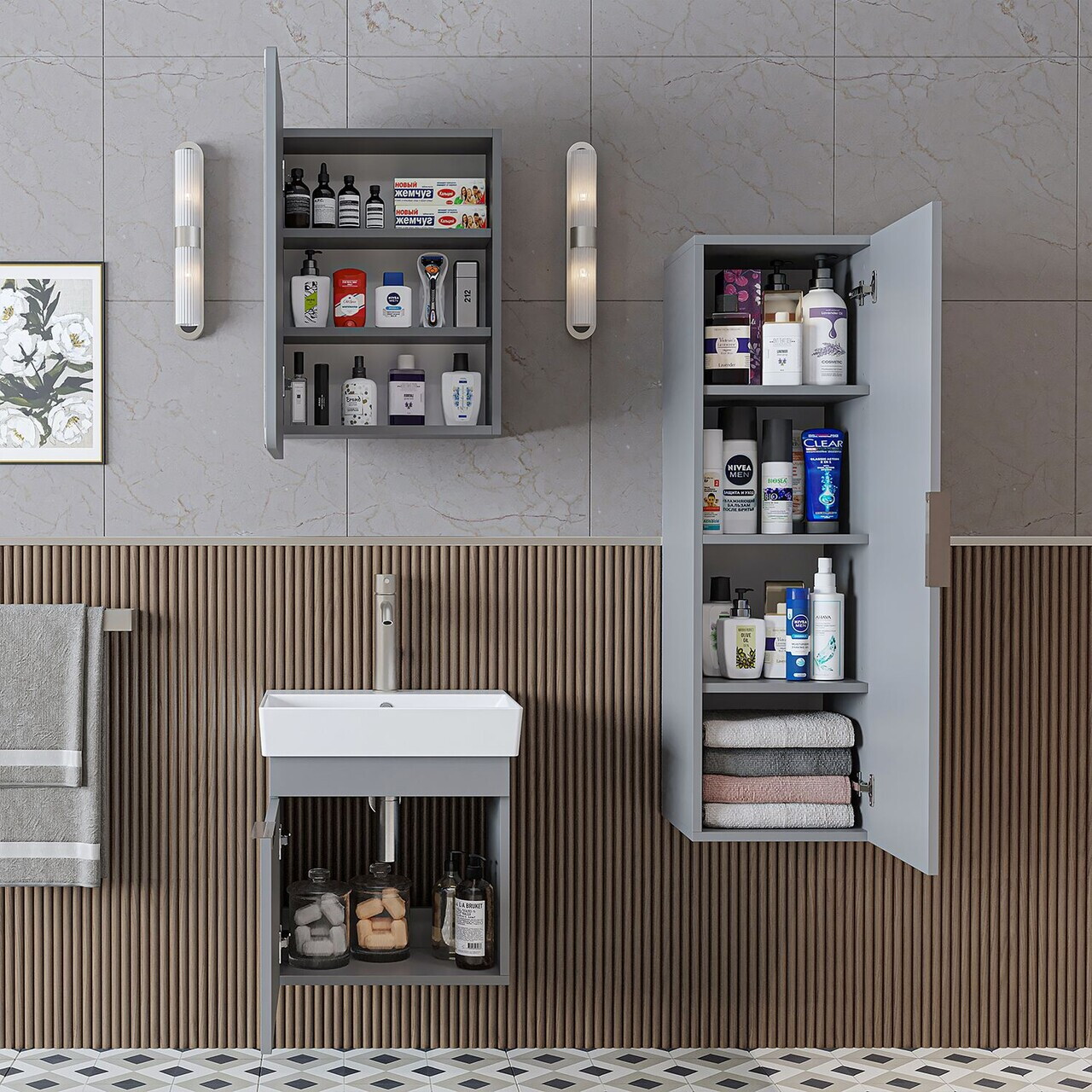 Set Dulap de Baie cu Chiuvetă și Oglindă (3 Piese), Hanah Home, 2931, PAL MELAMINAT, Frasin — imaginea 4