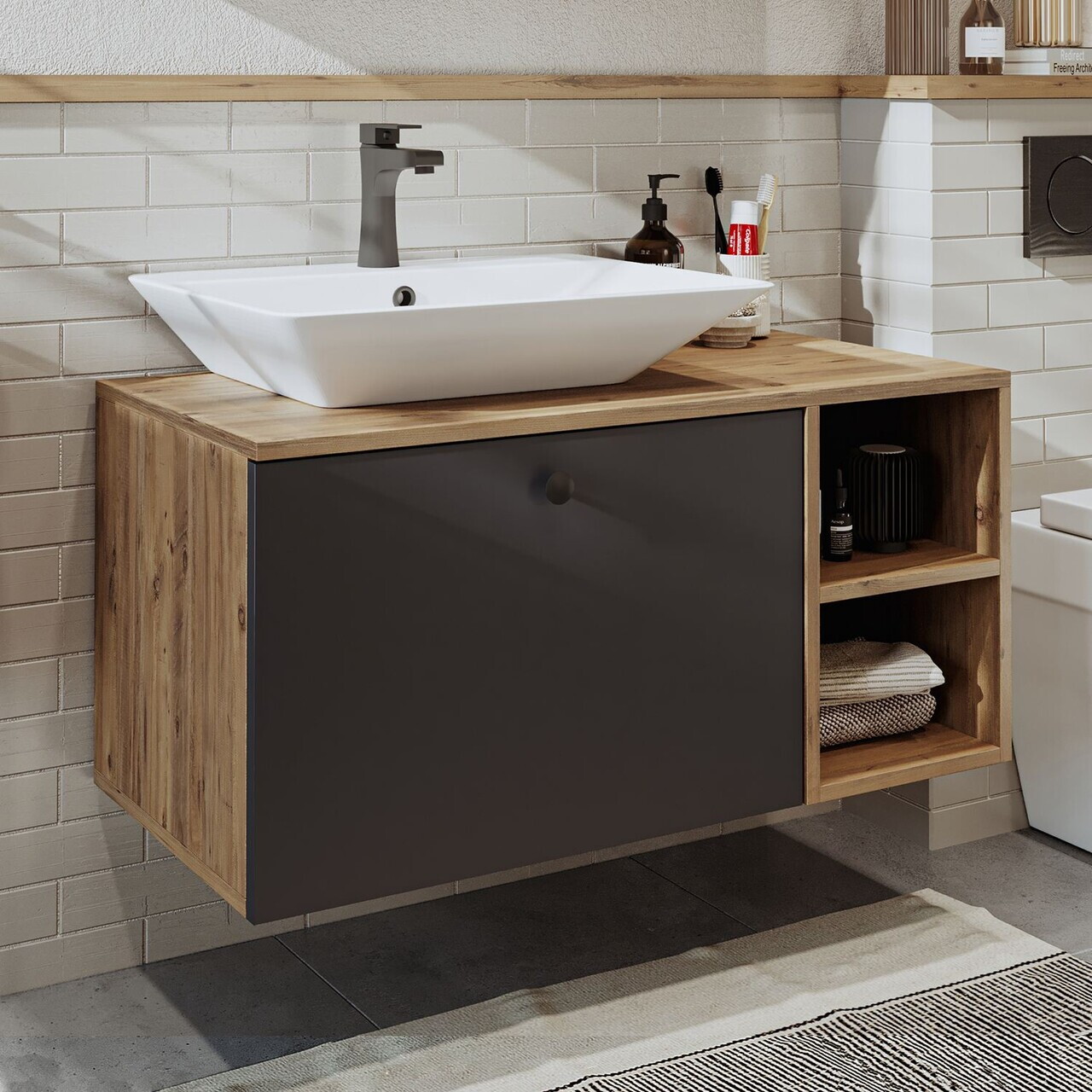 Dulap de baie cu chiuvetă, Hanah Home, 2454, 95x56.5x45 cm, MDF, Pin Atlantic / Antracit — imaginea 3