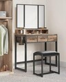 Masa de toaleta cu taburet / Masuta dressing, Vasagle, Industrial, 90x40x141 cm, PAL/otel/piele ecologica, natural