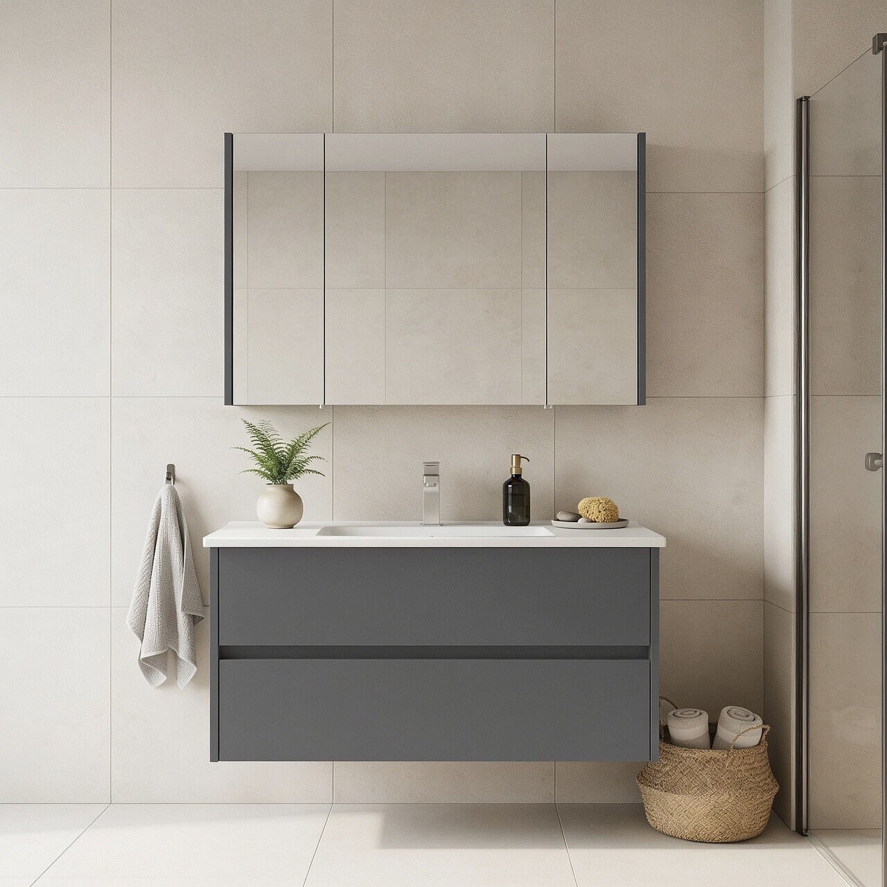 Set Dulap de Baie cu Chiuvetă și Oglindă (2 Piese), Hanah Home, Arno 100, Gri