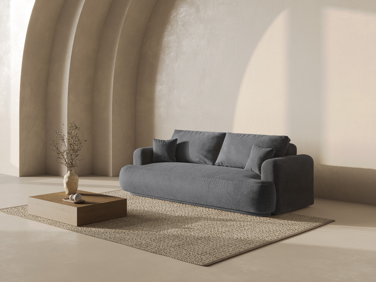 Canapea extensibila 3 locuri, Ella-193, Micadoni Home, 253x108x94 cm, tesatura structurata chenille, gri - 1 | YEO