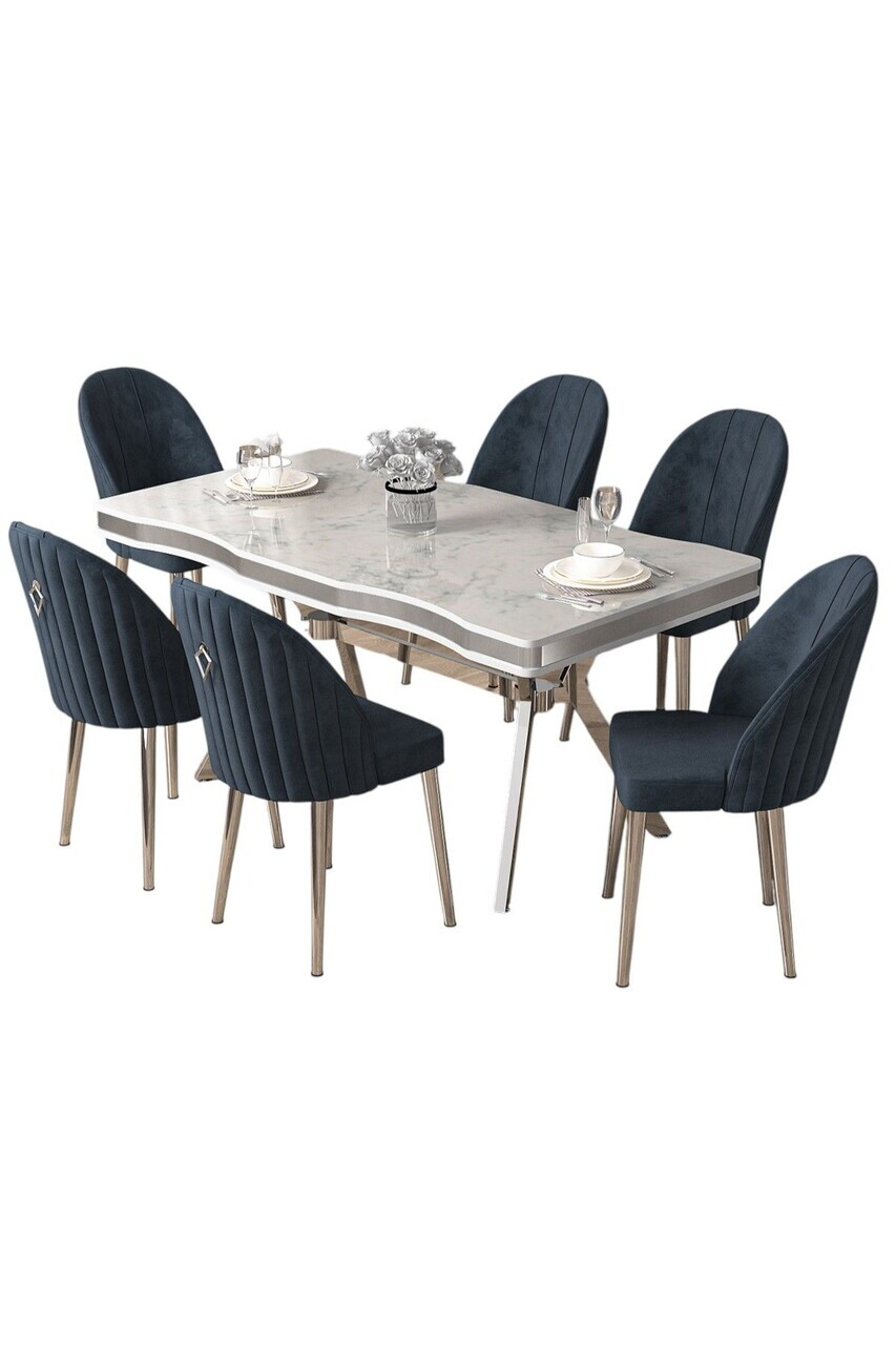 Set masa si scaune (7 piese), Hanah Home, Pem, Model de marmură albă / Crom / Antracit — imaginea 2