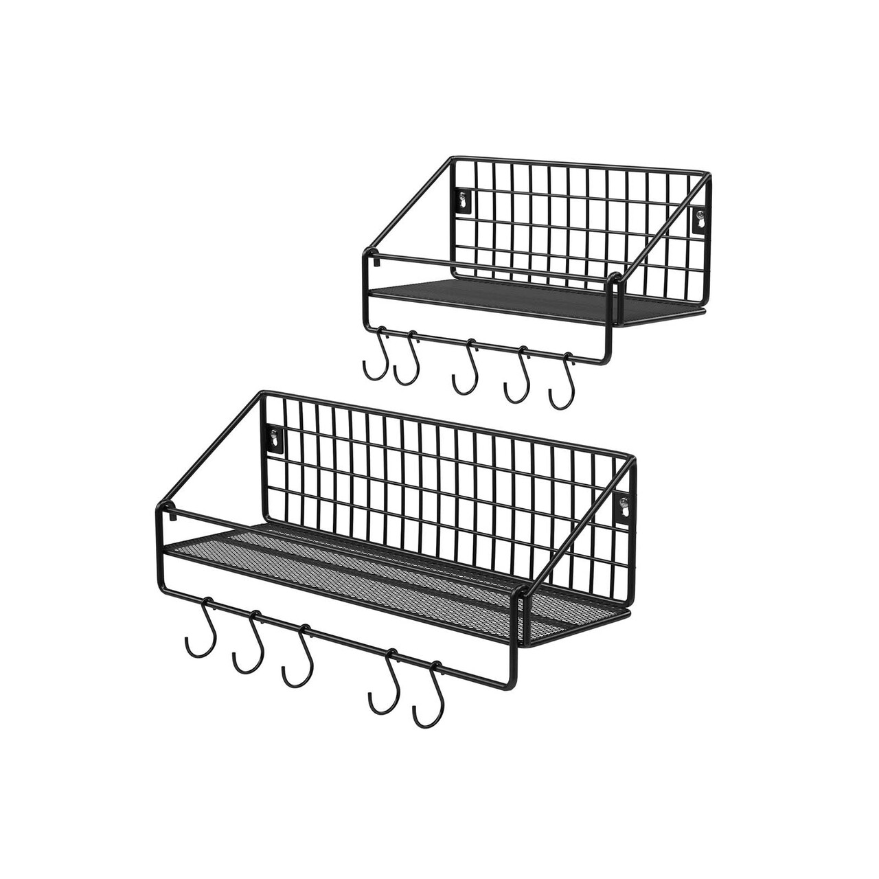 Set 2 rafturi de perete cu 10 agatatori, Vasagle, 40x13x12 cm/30x13x12 cm, otel, negru