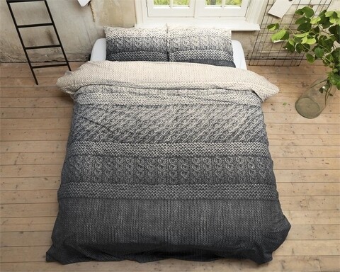 Lenjerie de pat dubla VELVET Indigo Knit Grey , Primaviera Deluxe, 3 piese, 200x220 cm, bumbac satinat, gri